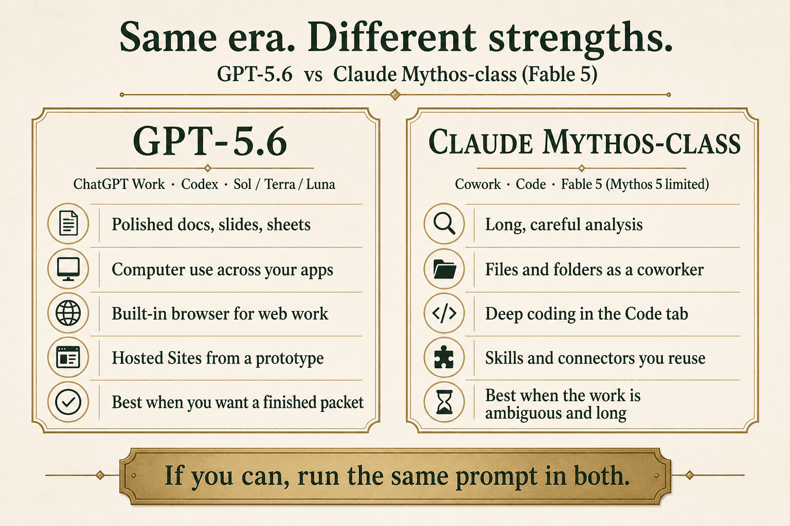 Comparison of GPT-5.6 strengths versus Claude Mythos-class strengths