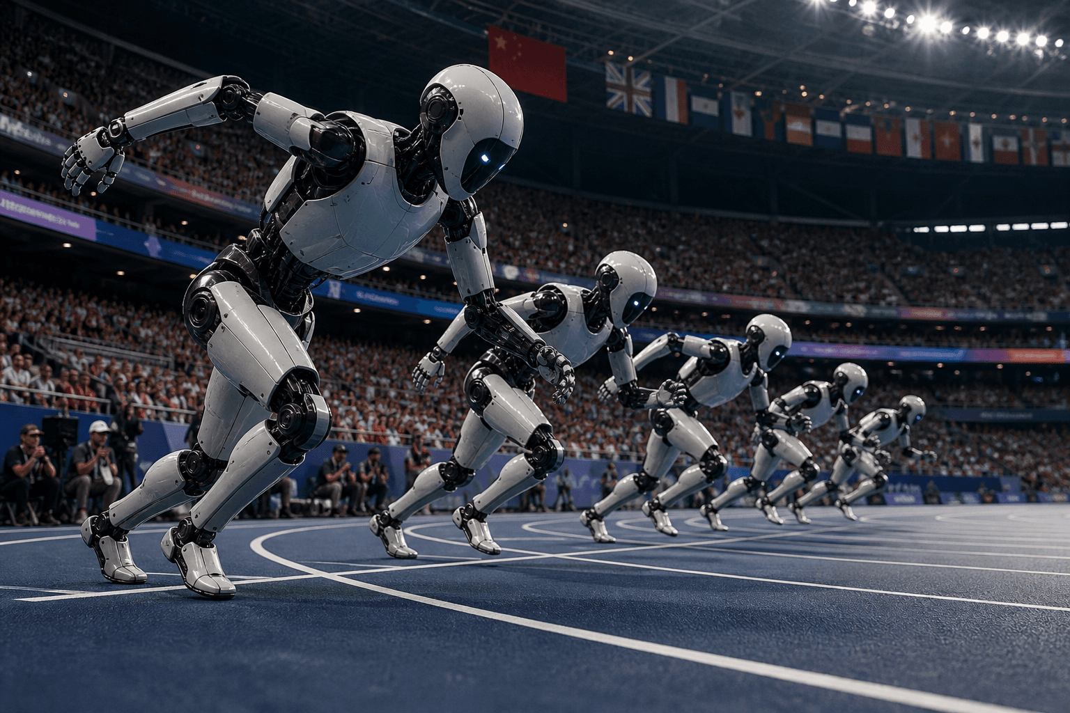 Editorial illustration of humanoid robots lined up on a track in a stadium