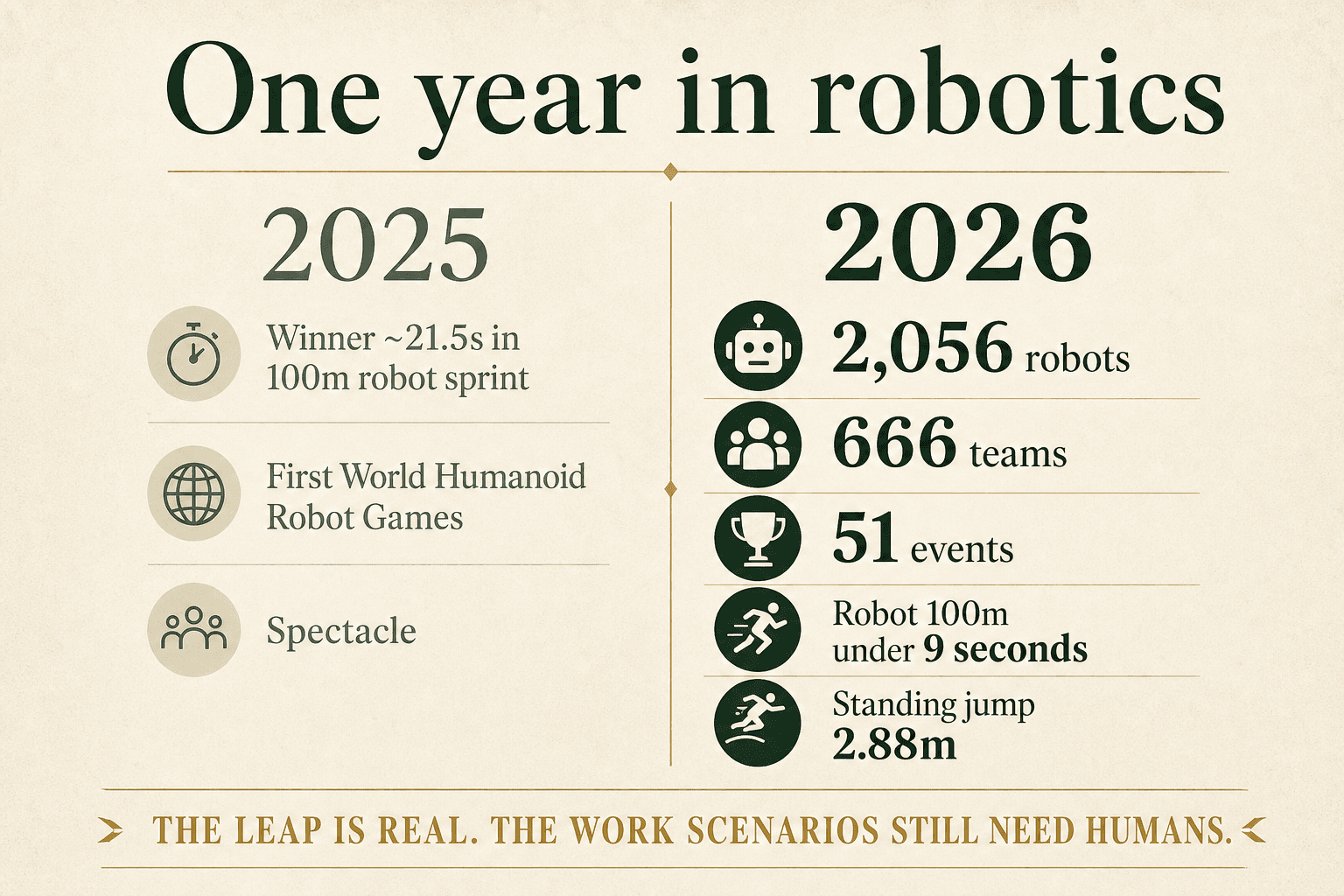 Infographic comparing robotics progress from 2025 to 2026 at the World Humanoid Robot Games