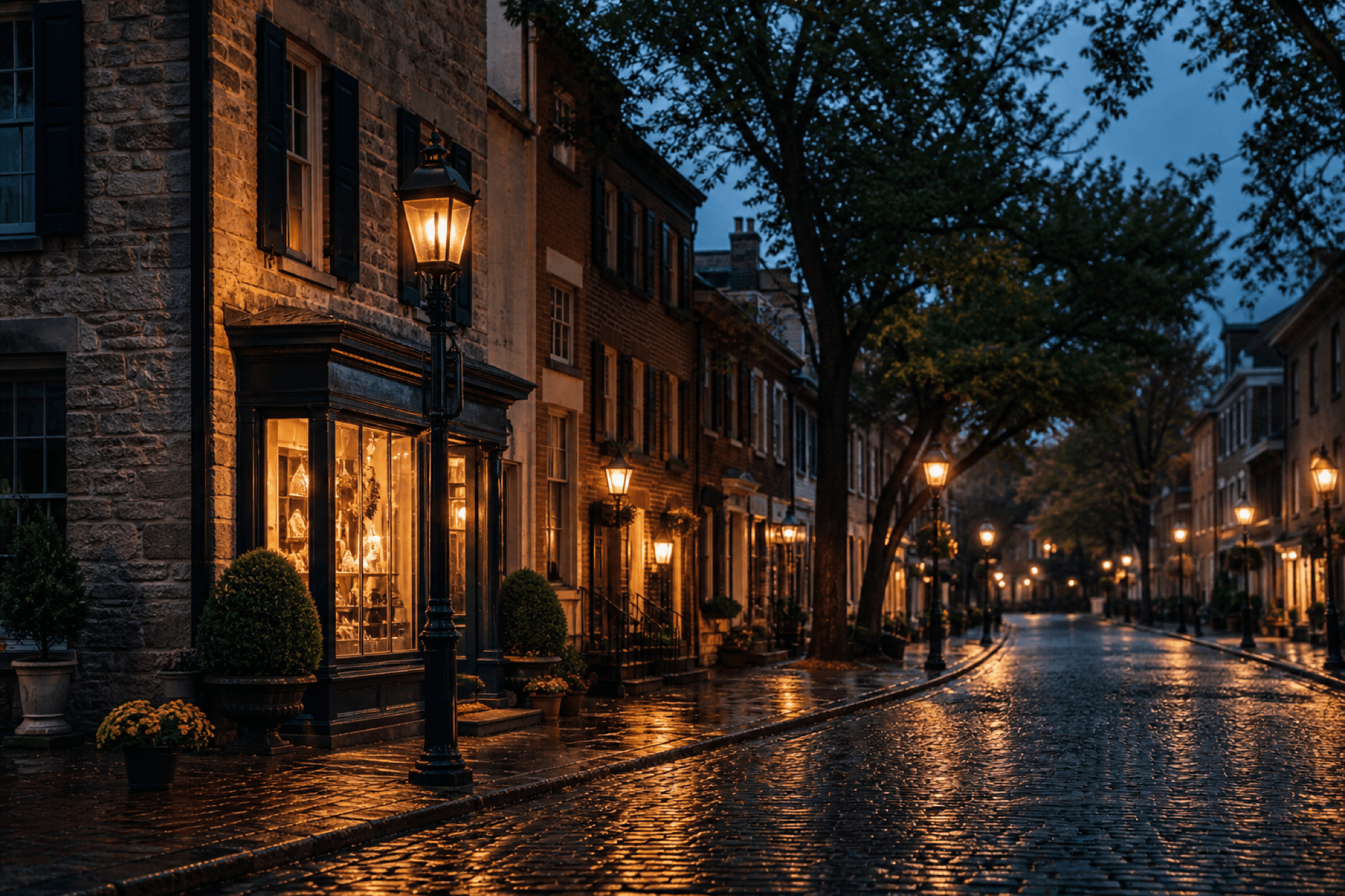 Dusk on a historic West Chester street, shop windows glowing
