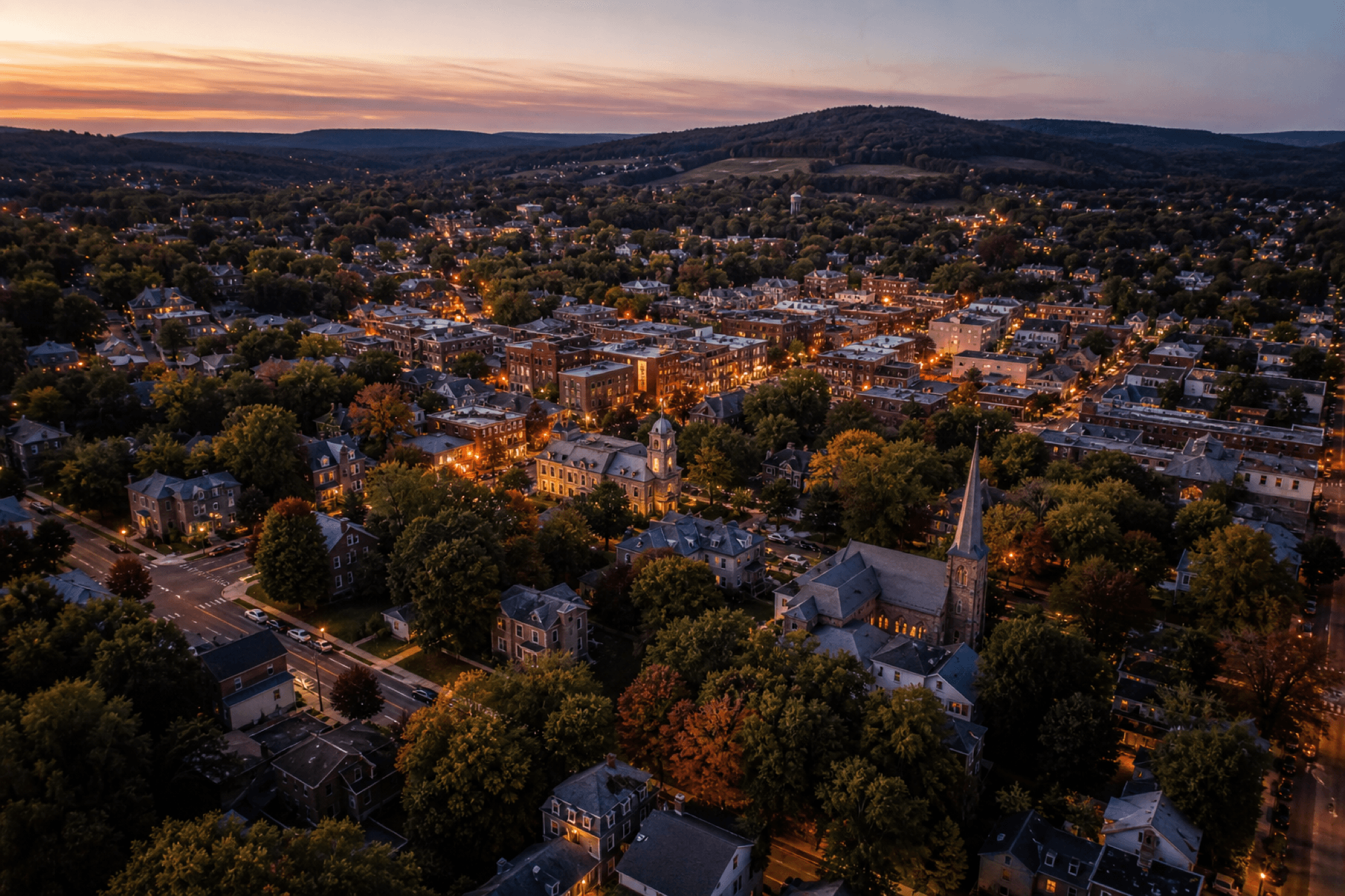West Chester, Pennsylvania at dusk from above